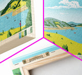 Diamond Hill Reservoir Rhode Island Framed Canvas Print, Midcentury Modern Panoramic Wall Art, Living Room Decor, Pop Art, Travel Poster Art, Scenic Nature Painting