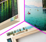 Lake Tahoe CaliforniaNevada Framed Canvas Print, Panoramic Wall Art, Midcentury Modern, Pop Art, Bedroom Art, Travel Poster, Lake House Decor