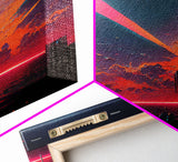 Cyberpunk lake art, city canvas, video game concept art, living room wall art, dystopian art, outrun city at sunset, man cave canvas print