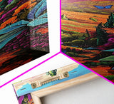 Colorful Landscape Art, Mountain Wall Art Print, Botanical Art for Kitchen, Impasto Canvas Painting Framed and Printed, Modern Wall Art