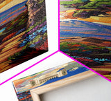 Colorful Textured Canvas Painting of Erupting Volcano Landscape, Tall and Narrow Vertical Art for Office, Mountain Wall Art Prints Framed