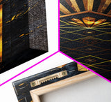 Gold Geometric Art Deco Pattern on Black Background - Framed Canvas Print, Midcentury Modern Art, Skinny Art, Tall Art, Living Room Wall Decor