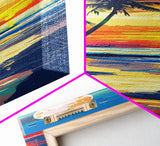 Vibrant Tropical Sunset Midcentury Modern Art - Framed Canvas Print, Boho Art, Skinny Art, Living Room Art, Bedroom Decor, Coastal Landscape