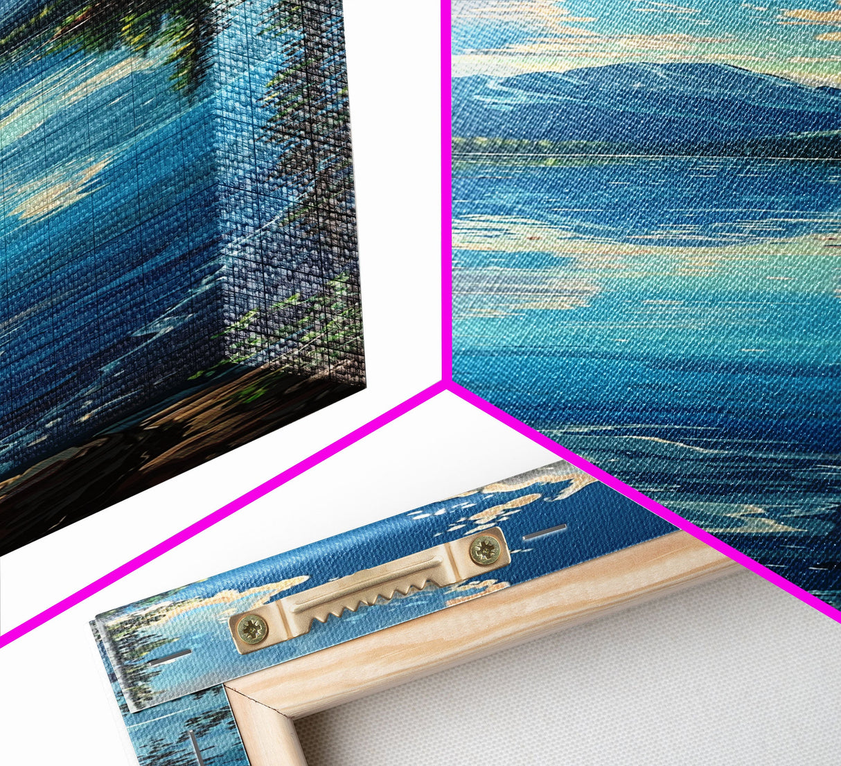 Framed Canvas Print Skinny Art of a Clear Lake Surrounded by Pine Trees with Majestic Mountains in the Distance Under a Blue Sky, Ideal Tall Landscape Art