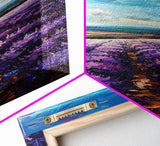 Framed Canvas Print of Wide Lavender Fields Under a Bright Sky Featuring Skinny Tall Art for Stunning Wall Decor in Home or Office