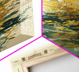 Golden Foliage Set Against Green Textured Background Skinny Art Tall Art Framed Canvas Print Japanese Style Art Ukiyo-e Art Wood Block Print Natural Elegant