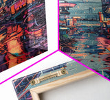 Vibrant Cityscape With Colorful Street Signs Skinny Art Tall Art Framed Canvas Print Japanese Style Art Ukiyo-e Art Wood Block Print Urban Energetic