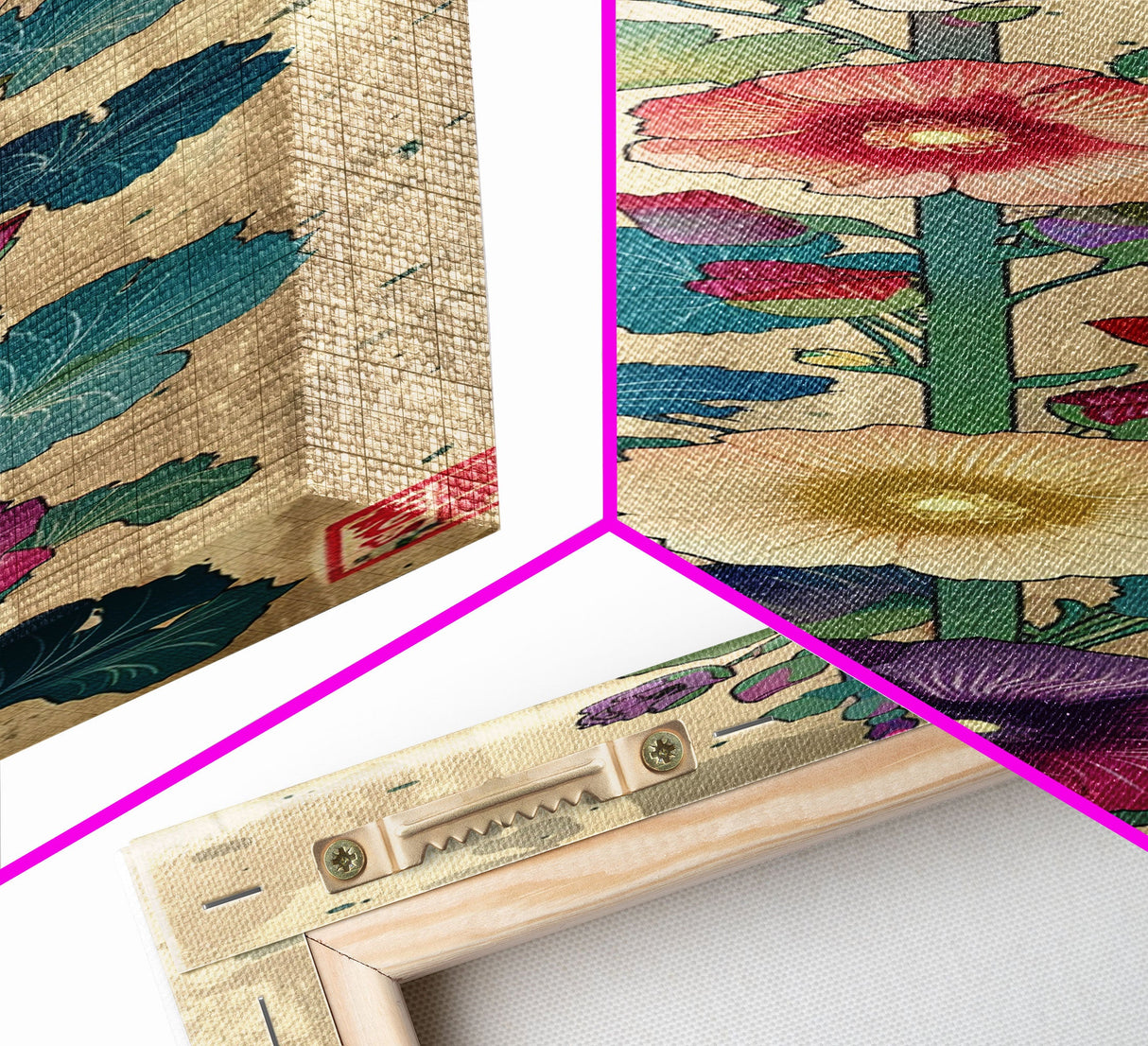 Colorful Hollyhock Flowers Traditional Japanese Woodblock Style Tall Skinny Framed Canvas Print Wall Art