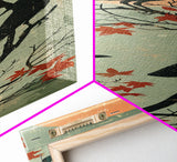 Black Crows Japanese Art Skinny Wall Art Framed Canvas Print on Branches with Red Maple Leaves Against Warm Orange Sun