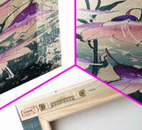Tall Art Featuring Elegant Bellflowers In Soft Purples And Pinks Against A Muted Background, Skinny Art, Japanese Style Art, Ukiyo-e Art, Framed Canvas Print, Wood Block Print