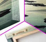 Skinny Art Tall Art Serene Lake Scene With Boat Wood Block Print Japanese Style Art Framed Canvas Print Calm Reflections On Still Water