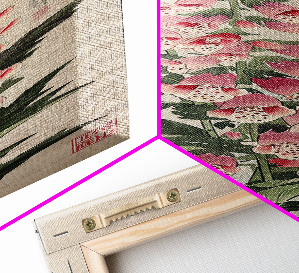 Skinny Art Tall Art Foxglove Flowers Wood Block Print Japanese Style Art Vertical Composition Framed Canvas Print