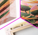 Vibrant Bird Of Paradise Flowers Against Soft Pastel Background Ukiyo-e Style Skinny Tall Wood Block Framed Canvas Print