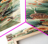 Pine Tree Branches With Blossoms And Pine Cones In Japanese Style Ukiyo-e Art Framed Canvas Print Skinny Art Tall Art