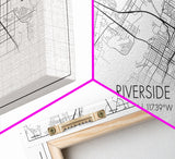 Riverside City Map, California Art, Map Print, Minimalist Wall Art, Wall Art, Canvas Art, Dorm Room Décor, Gift For Husband, Cabin Wall Art