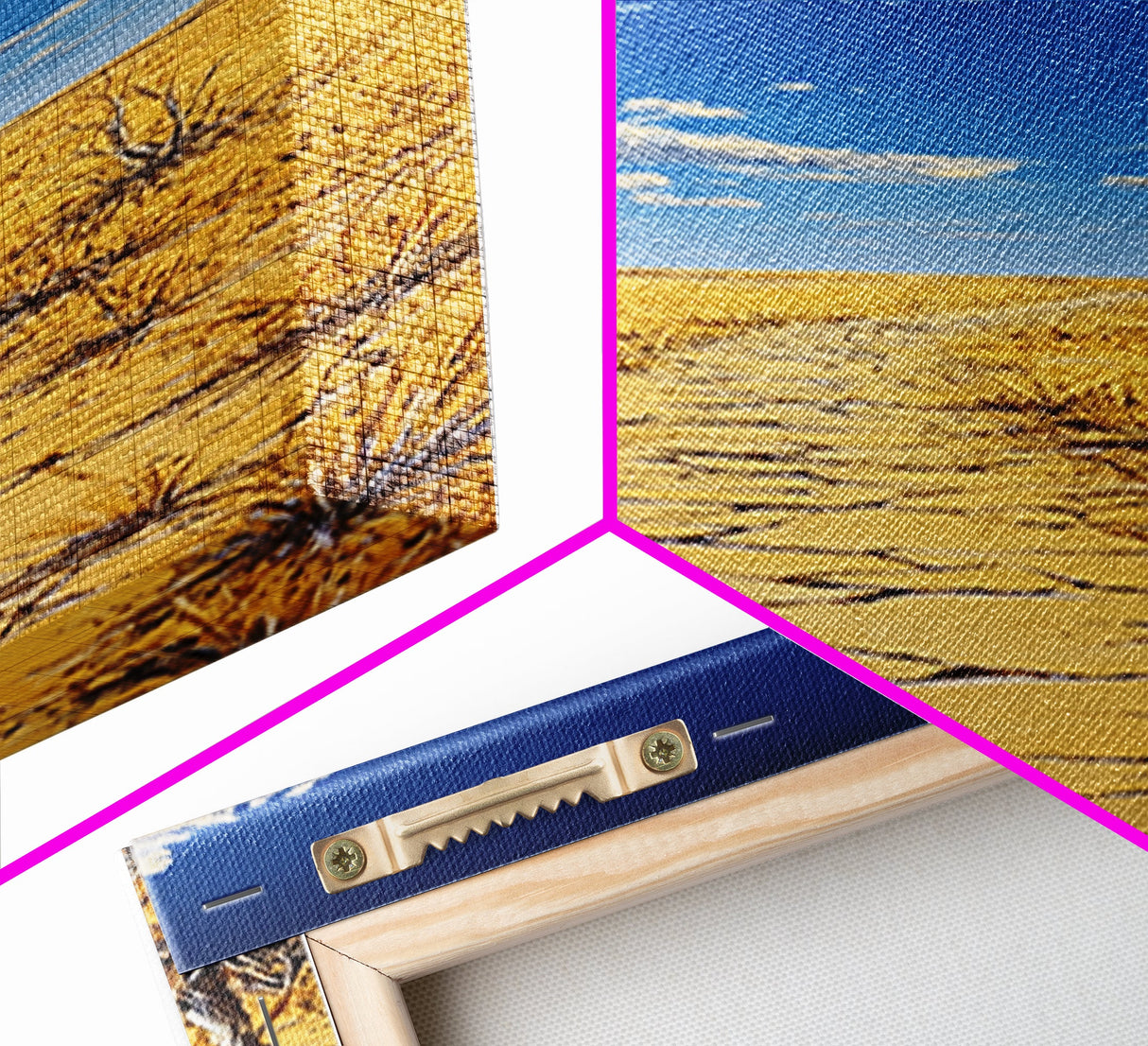 Golden Prairie Trail Framed Canvas Print rustic wall art, southwest wall art, landscape painting, farmhouse art, extra wide art, panoramic painting, above sofa art, wabi sabi art, Joshua tree art