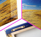 Golden Prairie Trail Framed Canvas Print rustic wall art, southwest wall art, landscape painting, farmhouse art, extra wide art, panoramic painting, above sofa art, wabi sabi art, Joshua tree art