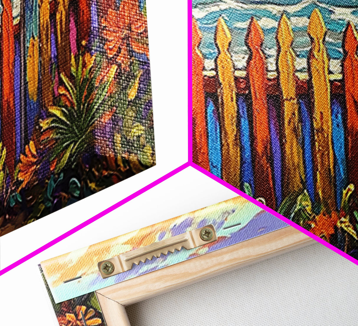 Vibrant Coastal Fence, beach decor, coastal landscape art, coastal wall art, nautical painting, extra wide art, framed canvas print
