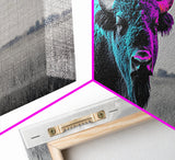 Neon Buffalo Portrait Canvas Print | Western Wall Art | Afrocentric Art | Moody Art | Rustic Decor | Southwest Art | Extra Wide Art.