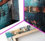 Rustic blue door, worn leather belt, southwest wall art, farmhouse art, textured painting, wabi sabi art, framed canvas print, rustic decor