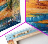 Desert Oasis, vivid landscape, blue water, rustic nature art, warm tones, panoramic painting, framed canvas print, southwest wall art