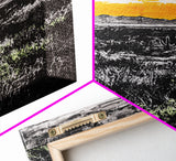 Cactus Sunset, black and white, moody desert art, yellow skyline, Joshua tree art, framed canvas print, extra wide art, rustic decor