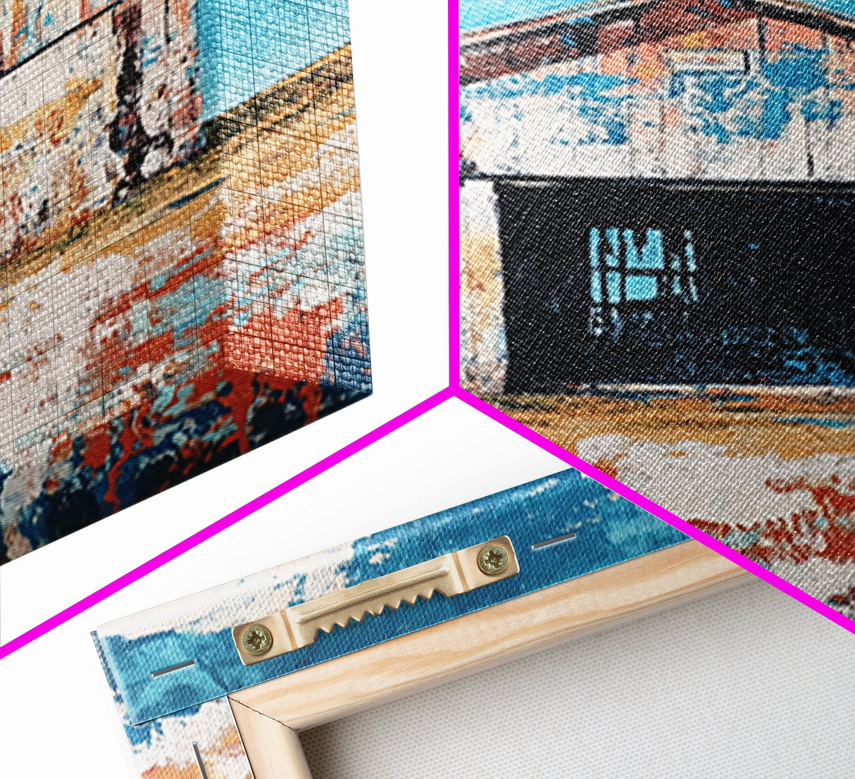Rustic Barn, farmhouse art, landscape painting, blue and green wall art, extra wide art, panoramic art, Framed Canvas Print