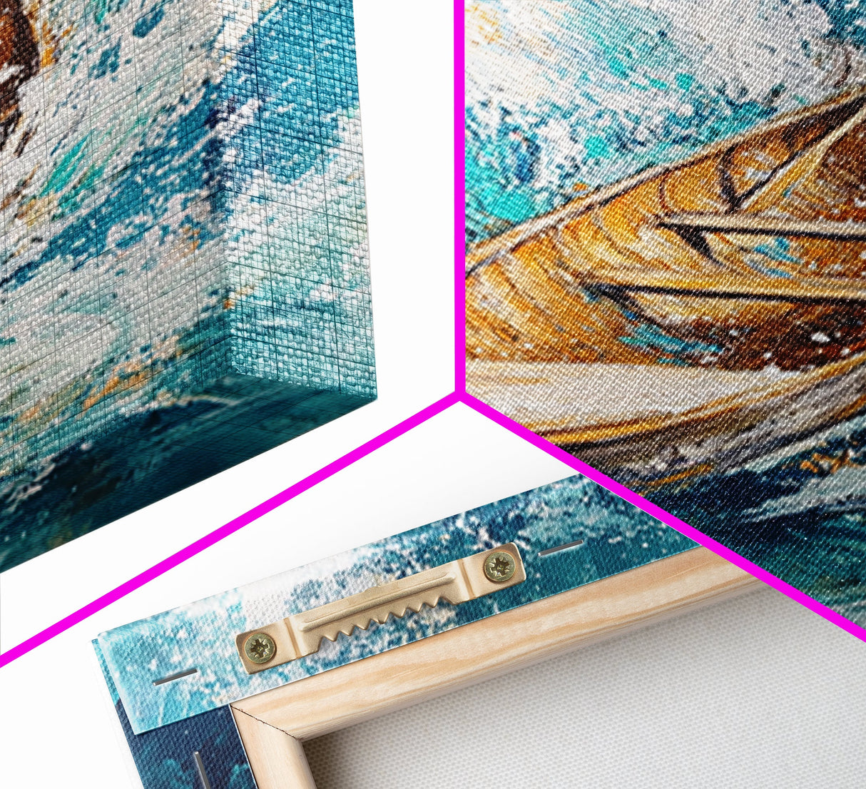 Wooden Boat in Waves, nautical painting, coastal decor, ocean waves art, seascape painting, framed canvas print, living room art, rustic art