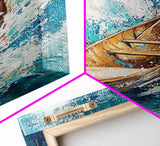 Wooden Boat in Waves, nautical painting, coastal decor, ocean waves art, seascape painting, framed canvas print, living room art, rustic art