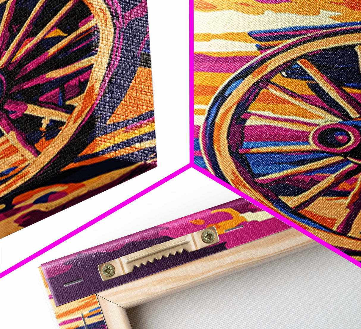 Vibrant Wagon Wheel, Pink Orange Wall Art, Boho Art, Framed Canvas Print, Southwest Aesthetic, Above Sofa Art, Rustic Decor, Gift Idea