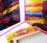 Wagon at Sunset, pink orange wall art, rustic decor, mountain painting, panoramic art, extra wide art, Framed Canvas Print, gift idea