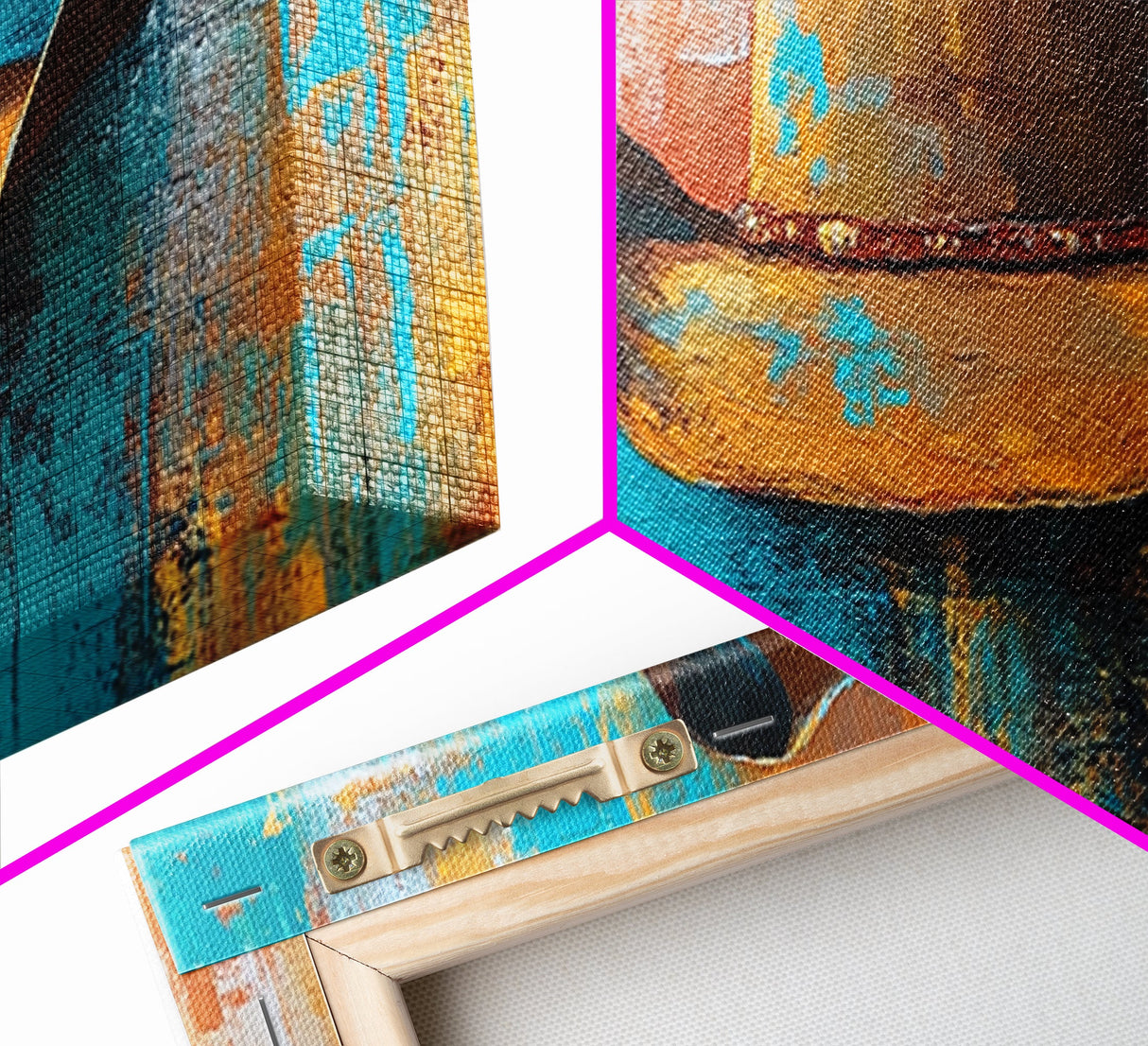 Western Hat Painting, Abstract Cowboy Art, Framed Canvas Print, Extra Wide Art, Rustic Decor, Blue and Green Wall Art, Wabi Sabi Art