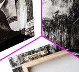 Black and White Art, cowboy hat painting, rustic decor, farmhouse art, extra wide art, panoramic art, framed canvas print, landscape painting