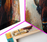 Bold bison painting, teal and orange art, rustic wall art, farmhouse decor, boho art, extra wide western painting, canvas print