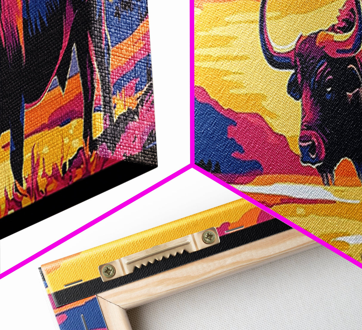 Buffalo painting, colorful animal art, rustic decor, extra wide art, framed canvas print, southwest wall art, landscape painting, wild west art