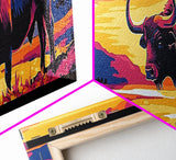 Buffalo painting, colorful animal art, rustic decor, extra wide art, framed canvas print, southwest wall art, landscape painting, wild west art