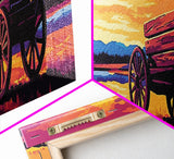 Sunset Wagon Painting, southwest wall art, boho art, Joshua tree art, rustic decor, warm tones, framed canvas print, extra wide art
