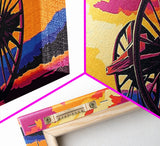 Sunset Wagon Wheel, pink orange wall art, bold color art, boho art, panoramic painting, extra wide art, framed canvas print, landscape painting