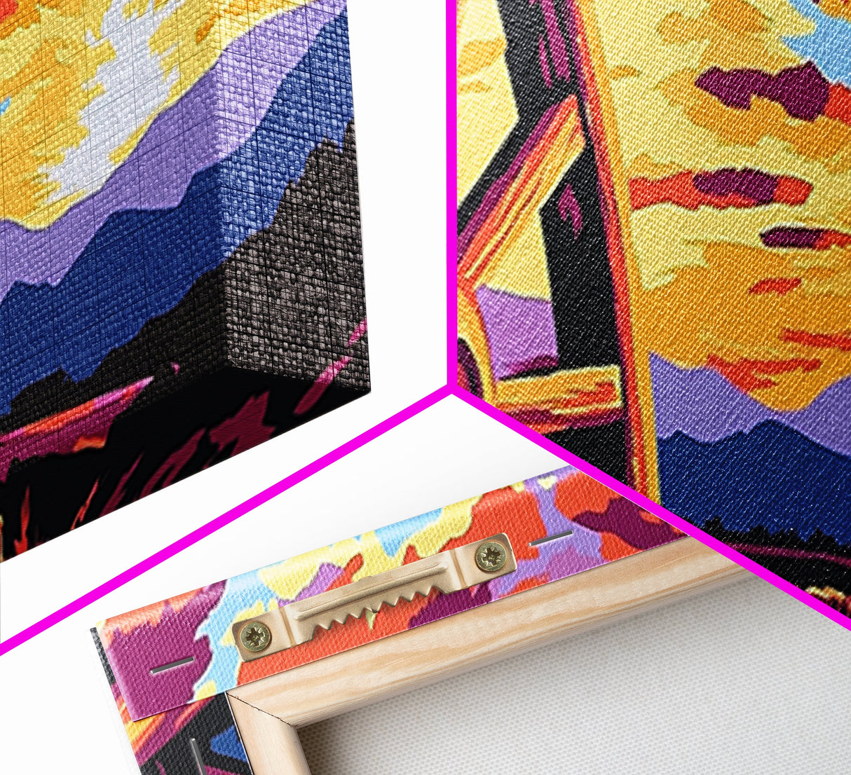Vibrant Wagon Sunset, pink abstract art, poppy wall art, boho art, panoramic painting, extra wide art, framed canvas print, vintage wall art
