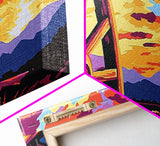 Vibrant Wagon Sunset, pink abstract art, poppy wall art, boho art, panoramic painting, extra wide art, framed canvas print, vintage wall art