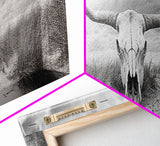 Longhorn Skull, skull art, western wall art, rustic decor, moody art, desert painting, farmhouse art, panoramic art, framed canvas print