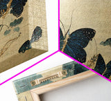 Retro Japanese Style Butterflies Wall Art, Framed Canvas Print, Framed Wall Art, Blue butterfly Art