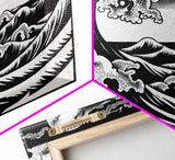 Black and White Wave Canvas Print, Hokusai Inspired Wall Art, Woodblock Print Style, Wall Art, Vintage Style Wall Art