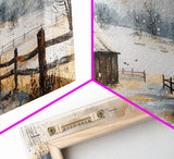 Snowy Barn in Winter Field, Framed Canvas Print, Rustic Wall Art, Living Room Decor, Farmhouse Style, Winter Landscape