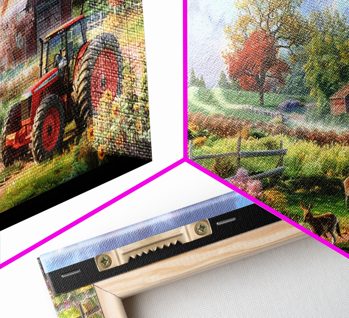 Tranquil Farm Scene with Red Barn and Tractor, Idyllic Rural Art, Framed Canvas Print, Country Wall Decor, Living Room Decoration
