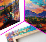 Vibrant Desert Sunset Landscape with Cacti, Framed Canvas Print for Living Room Art, Perfect for Boho and Southwestern Decor