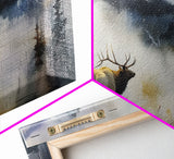 Majestic Elk in Misty Mountains, Framed Canvas Print, Perfect for Living Room Art, Rustic Bedroom Decor, Nature Wall Art, Wildlife Scene