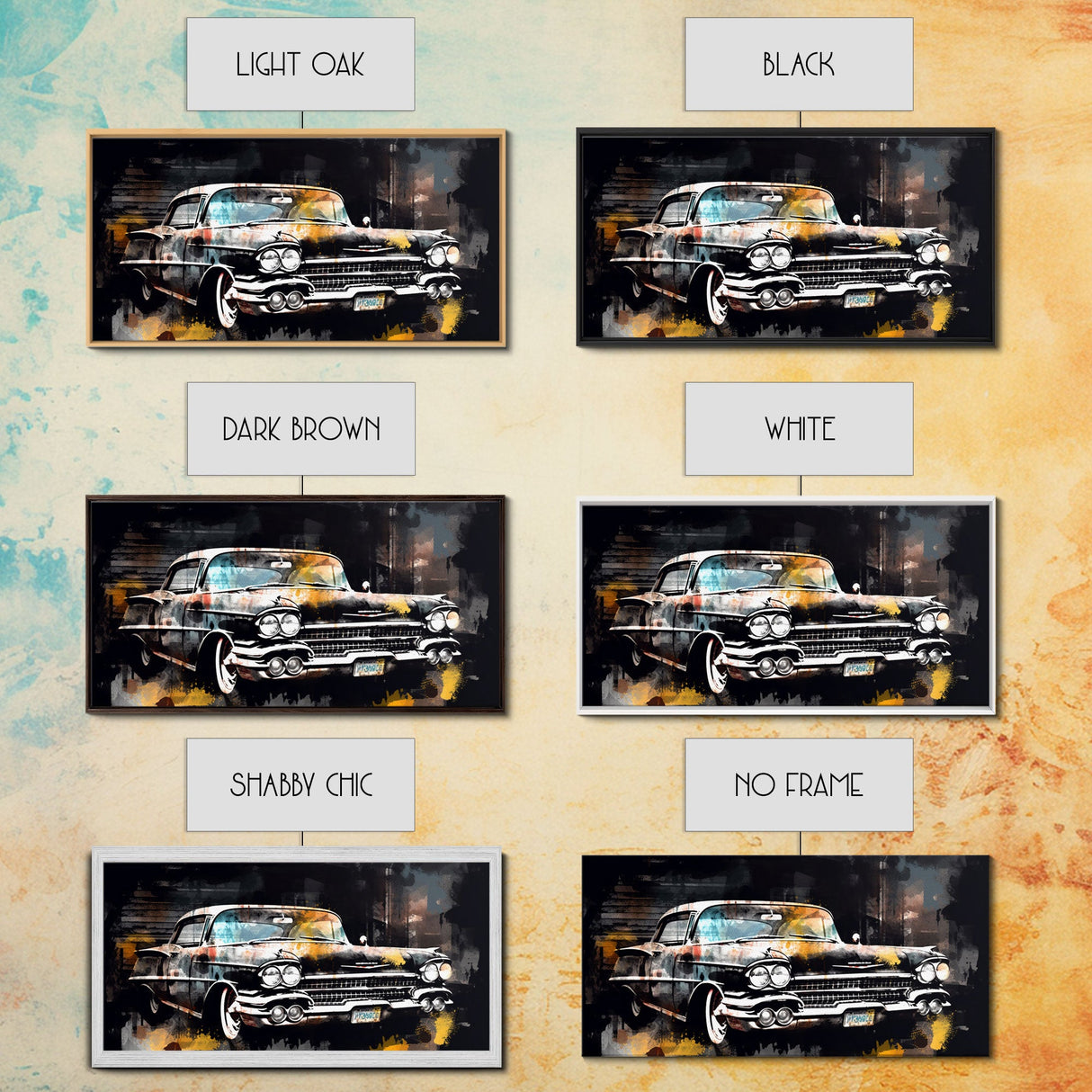 Vintage Car Wall Decor, Retro Car Wall Art, Garage Wall Art, Grunge Art, Panoramic Wall Decor, Canvas Print, Wall Art, Framed Canvas Art