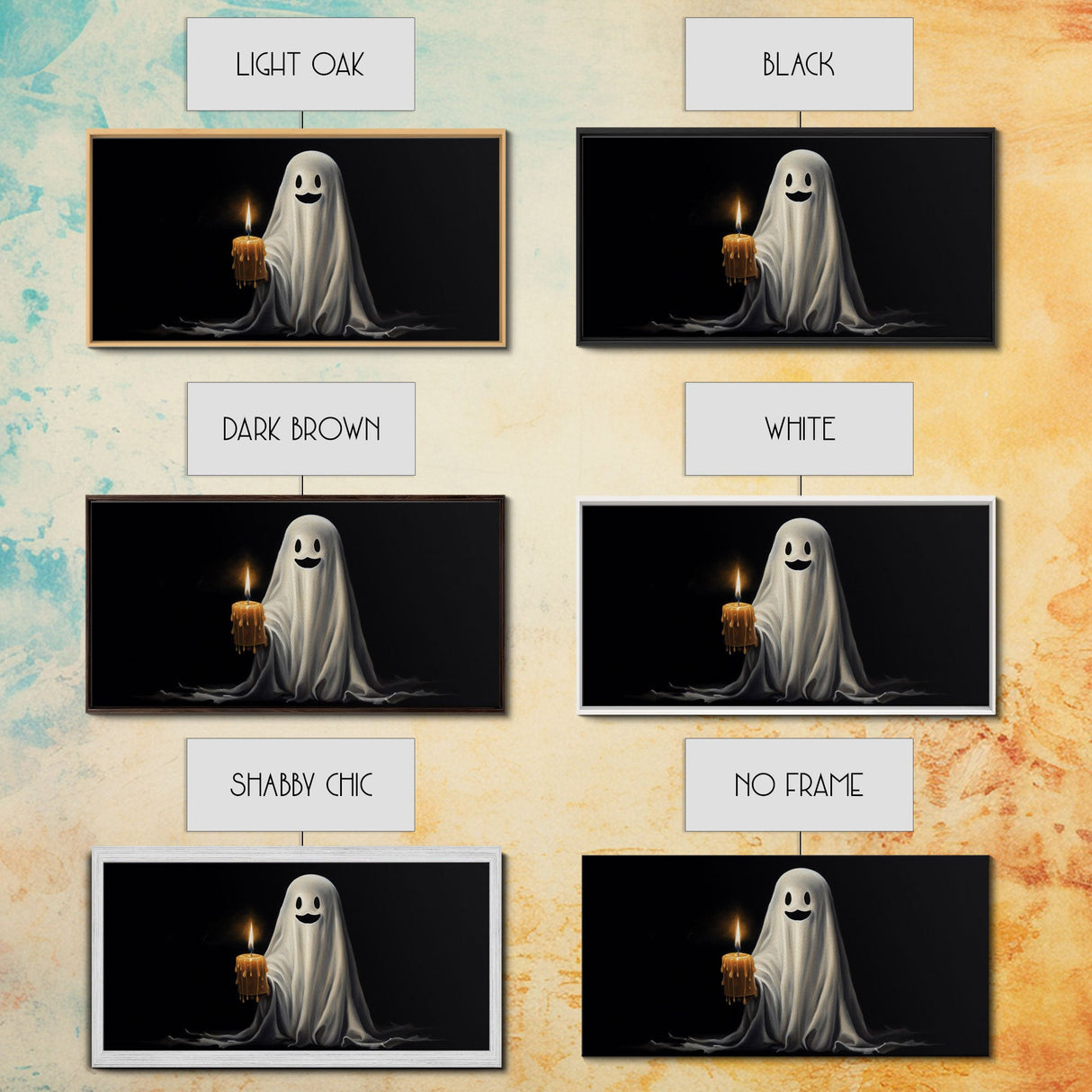 Silly Ghost Holding A Candle, Framed Canvas Print, Dark Academia Wall Art, Victorian Oil Painting Style Halloween Wall Art, Ghost Print