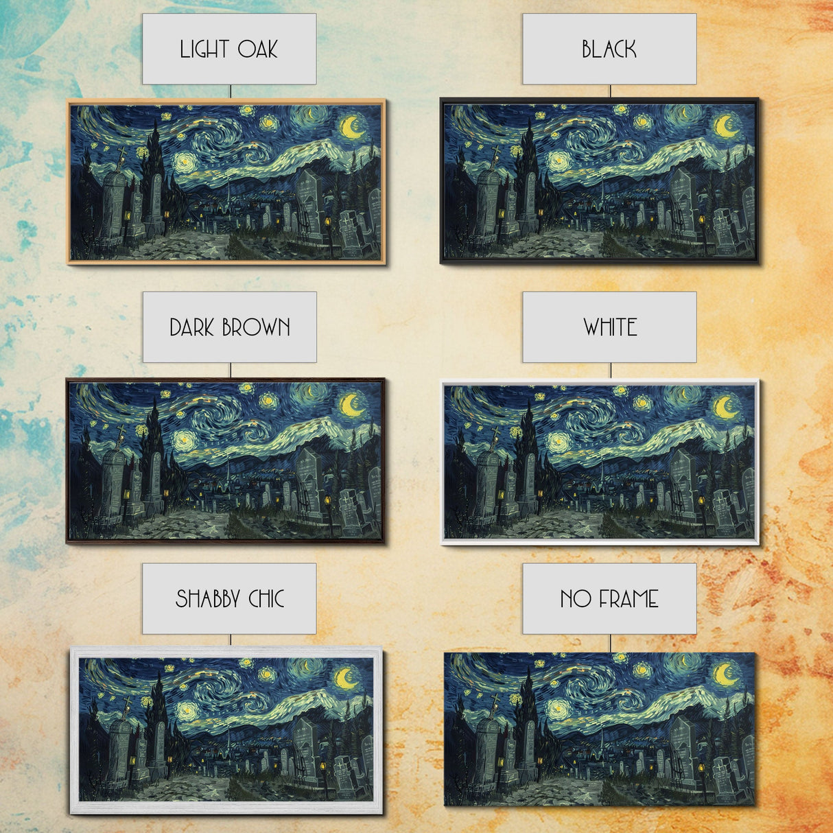Haunted Graveyard Framed Canvas Print, Starry Night Van Gogh Inspired Halloween Decor, Spooky Vibes Halloween Gift